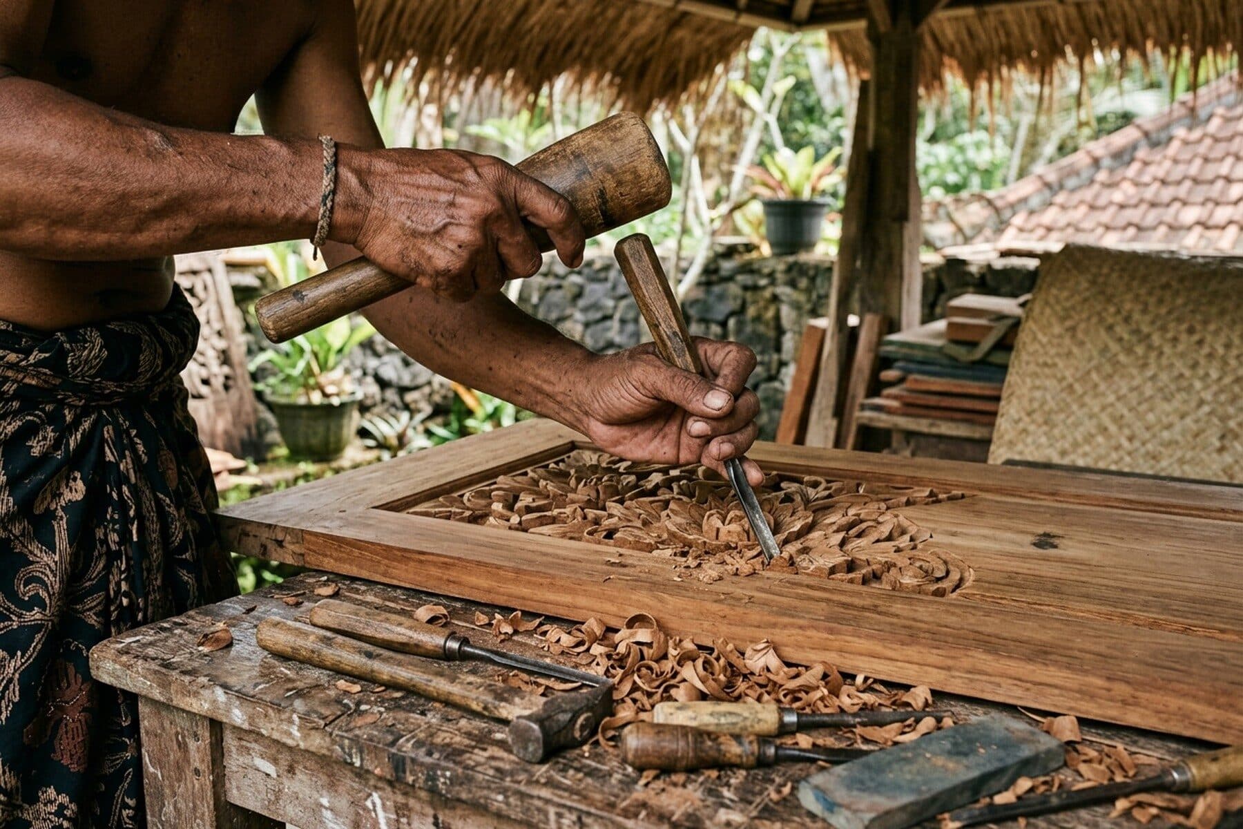 The carpenter fitting a teak beam with a wooden peg in his workshop