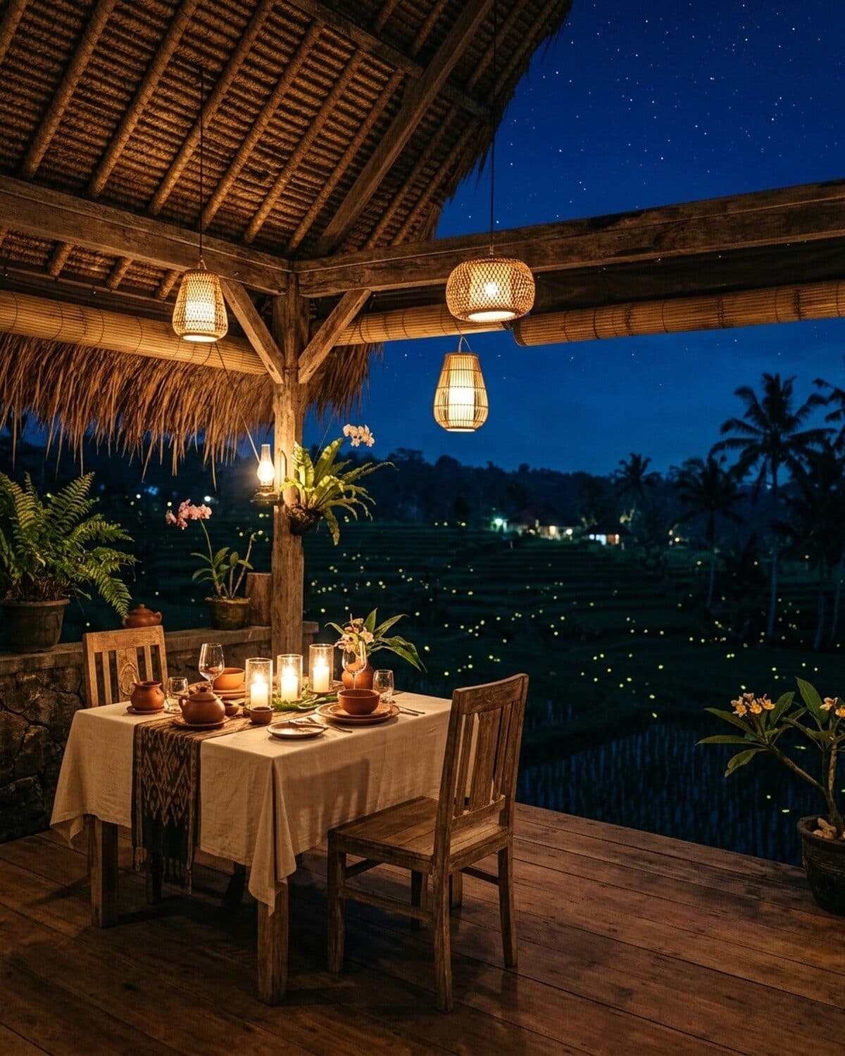 An oil lamp on a teak terrace at night