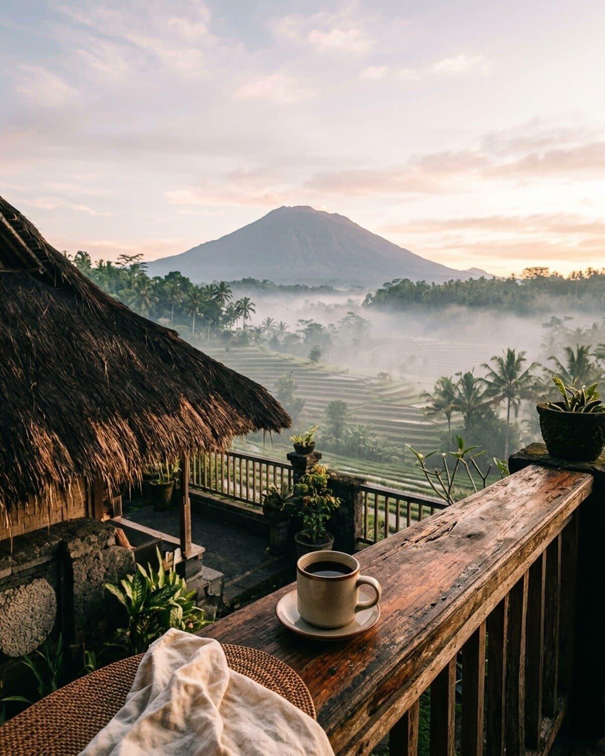 Morning coffee on a bale above the paddy