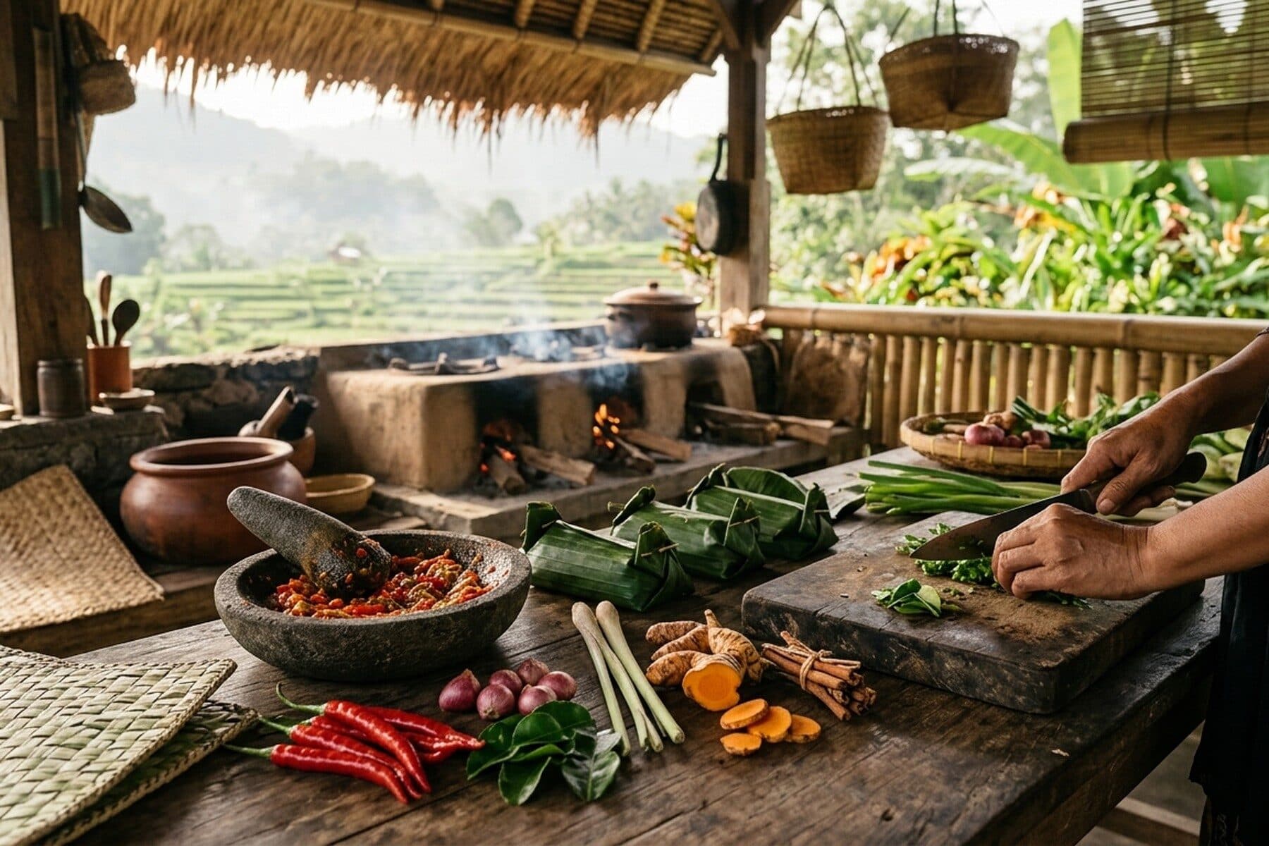 Hands grinding spices for base genep in a stone mortar