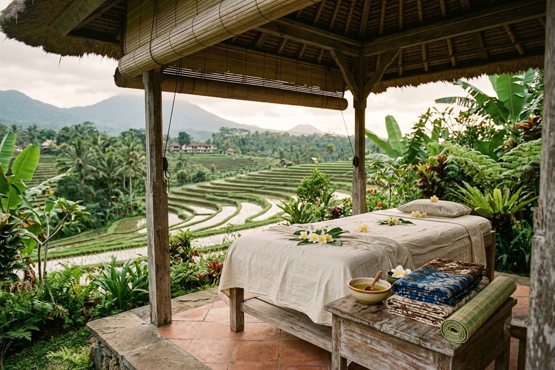 Frangipani and oil prepared for a Balinese massage