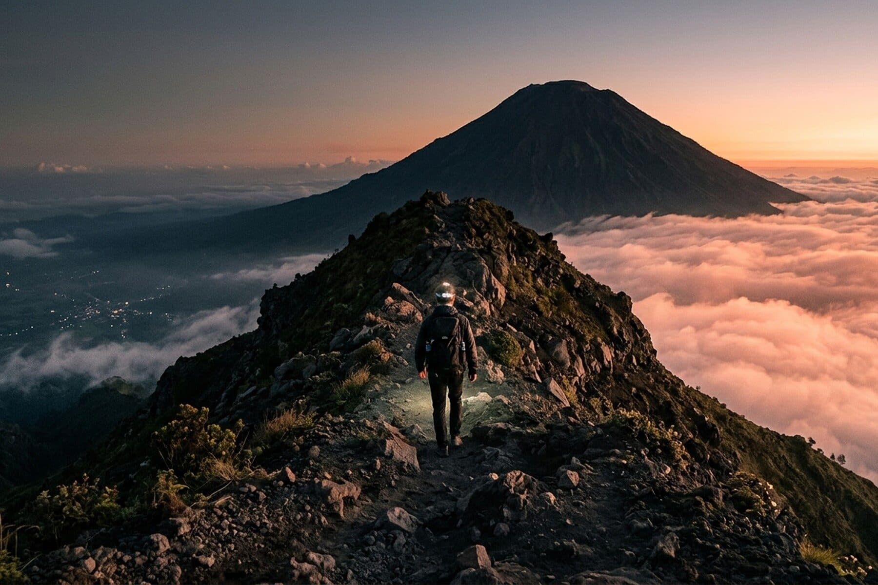 Walkers on the slopes of Mount Agung at sunrise