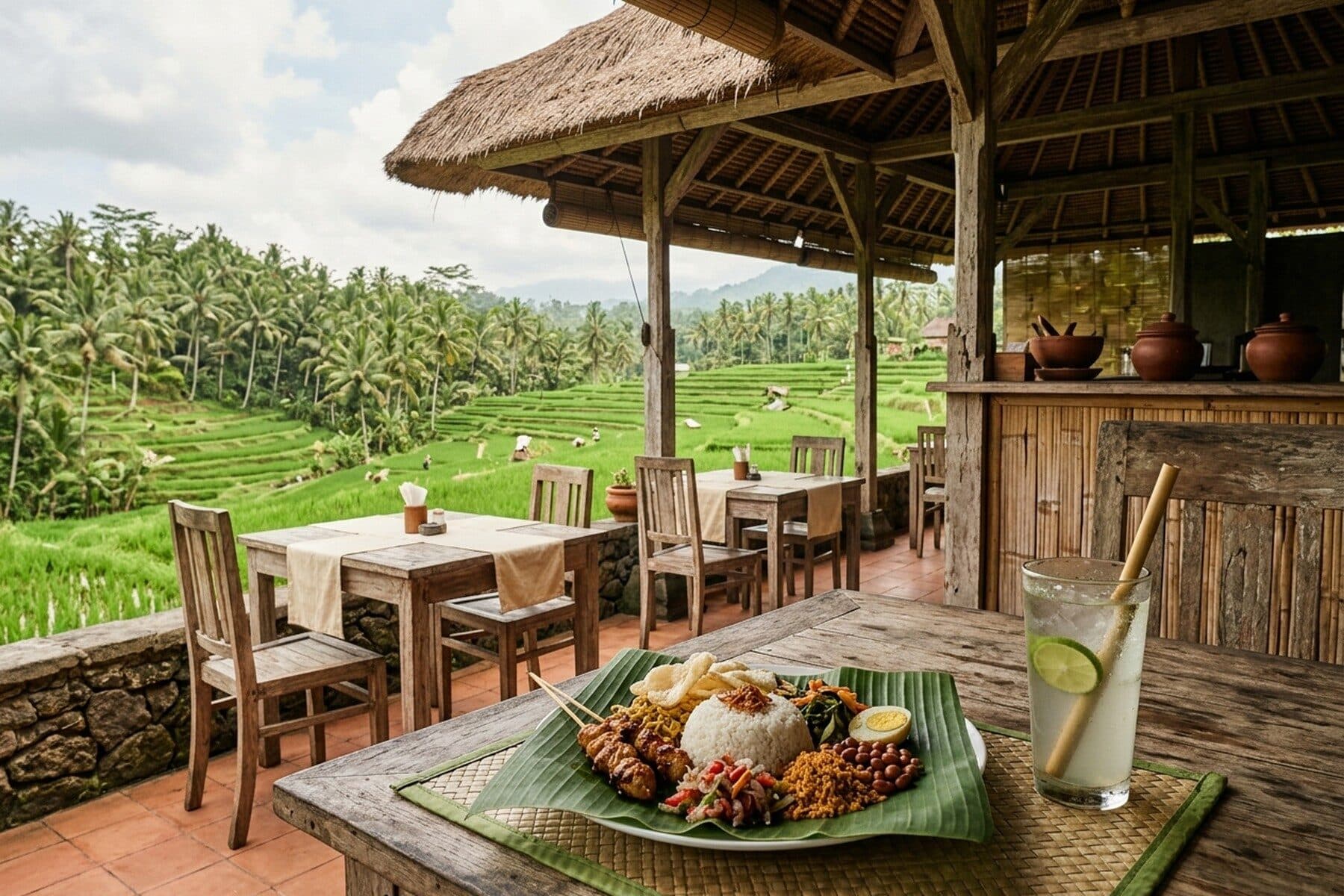 A simple warung lunch of rice, vegetables and sambal