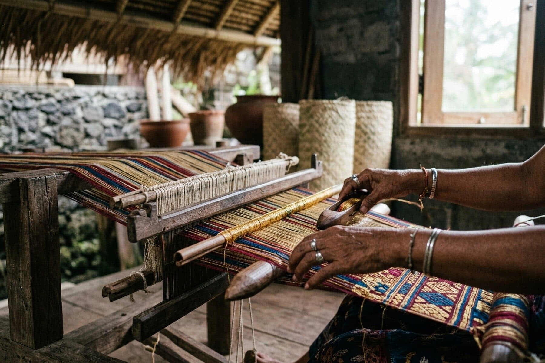 A weaver at a wooden loom with ikat thread