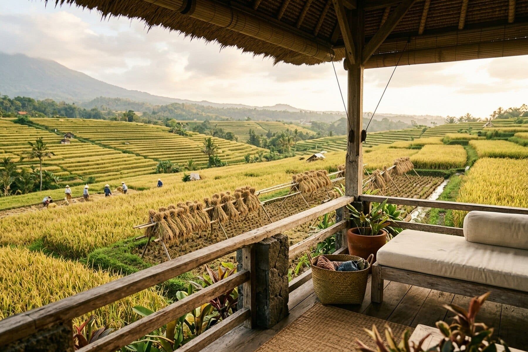 Women harvesting golden rice by hand on a terrace in the Sidemen valley, Mount Agung behind