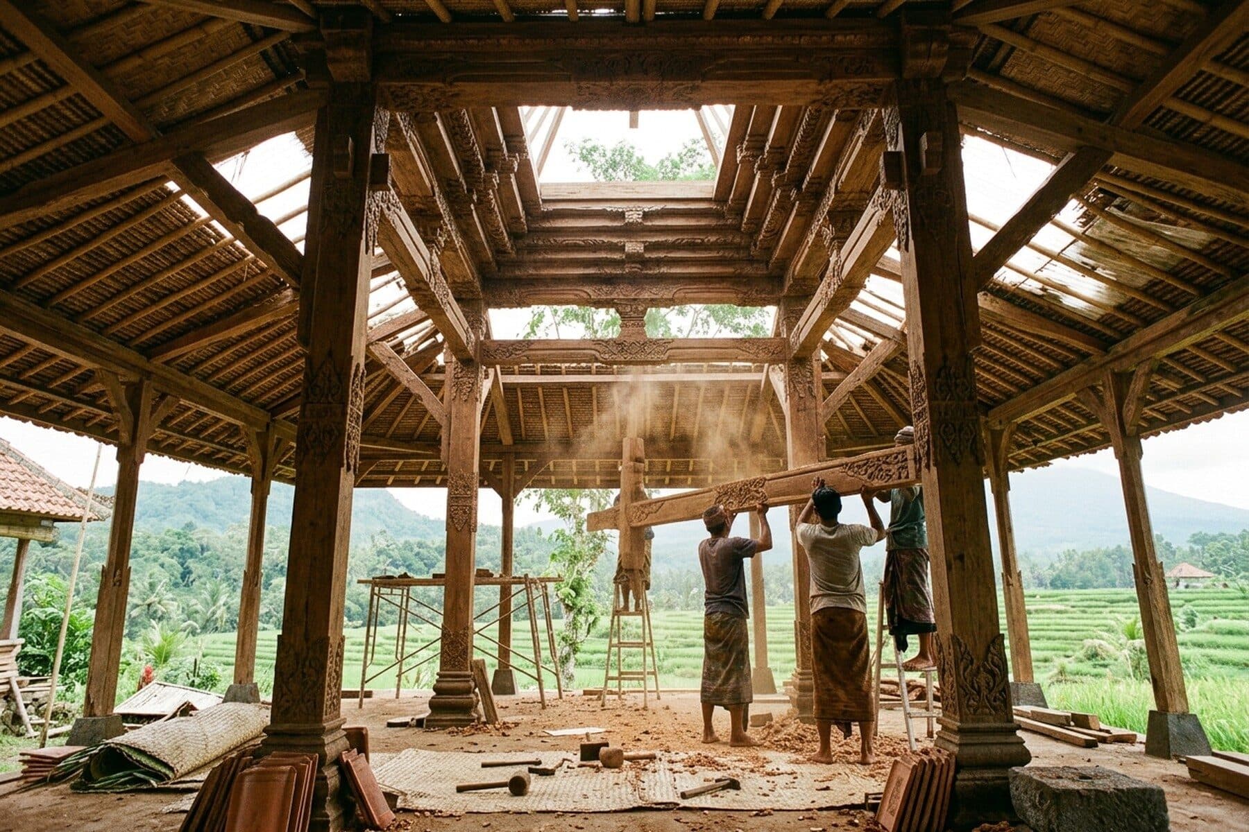 The carved teak roof structure of a joglo, four central pillars rising to a stepped ceiling