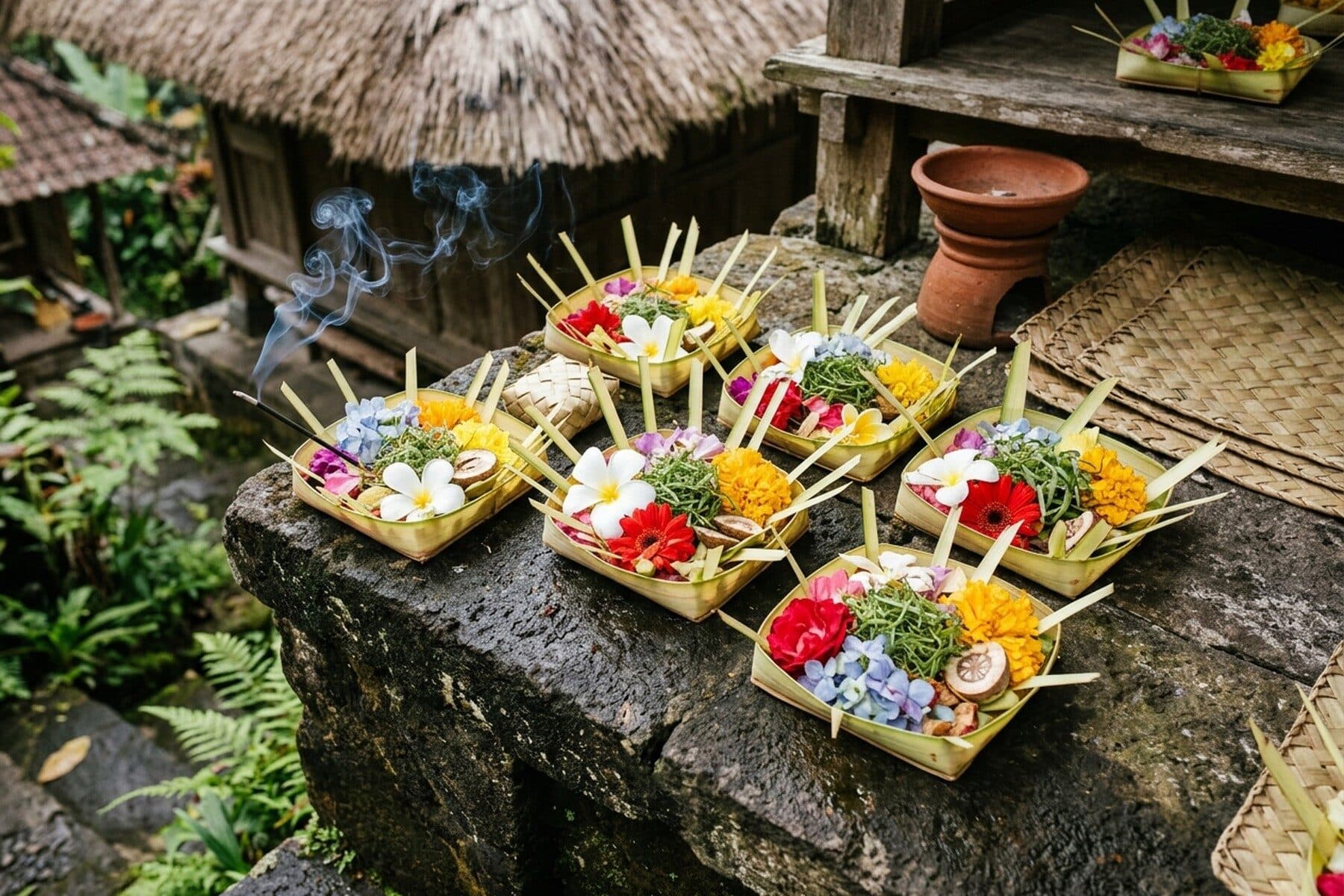 Hands placing a canang sari of white, red, yellow and blue flowers on a stone step at dawn