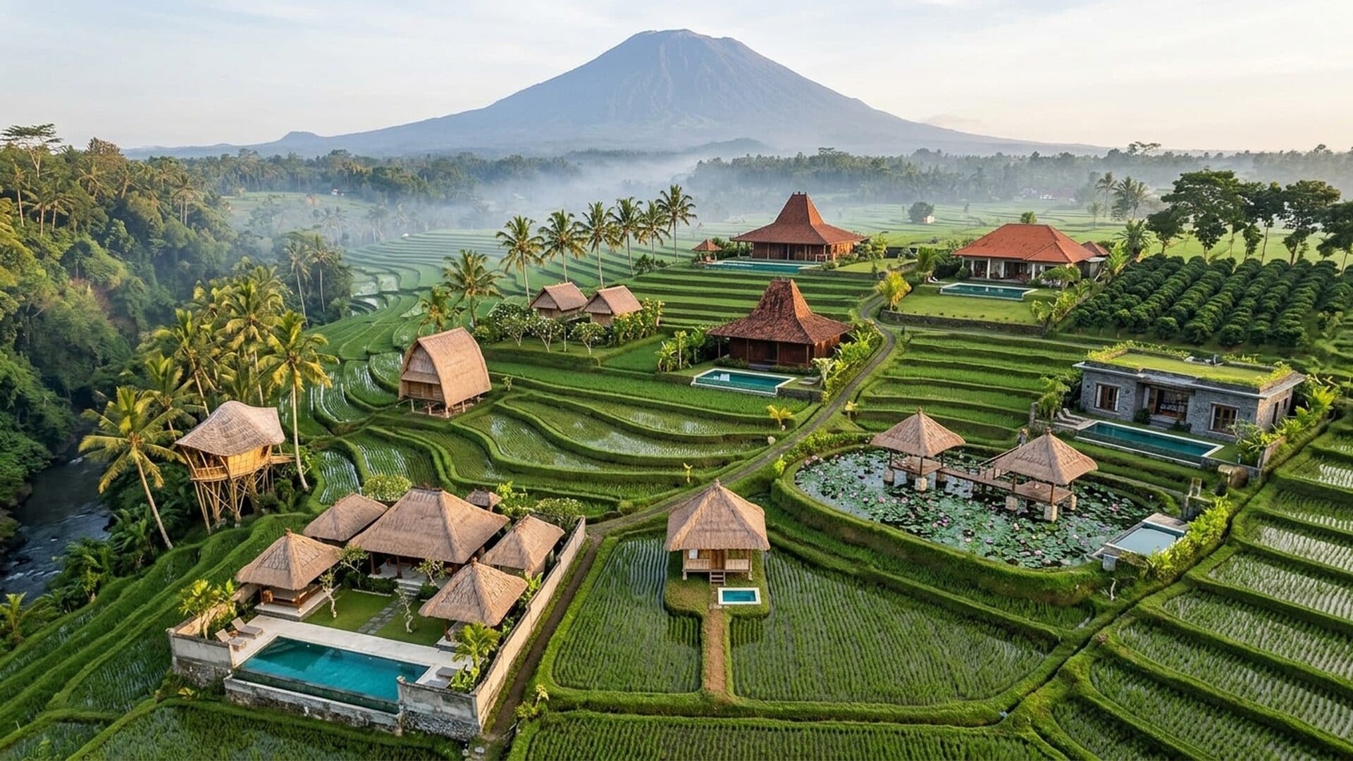 Illustrated site plan of Lumbung Sidemen: ten houses on the terraces, the river on the left, the coffee garden on the right and Mount Agung at the top