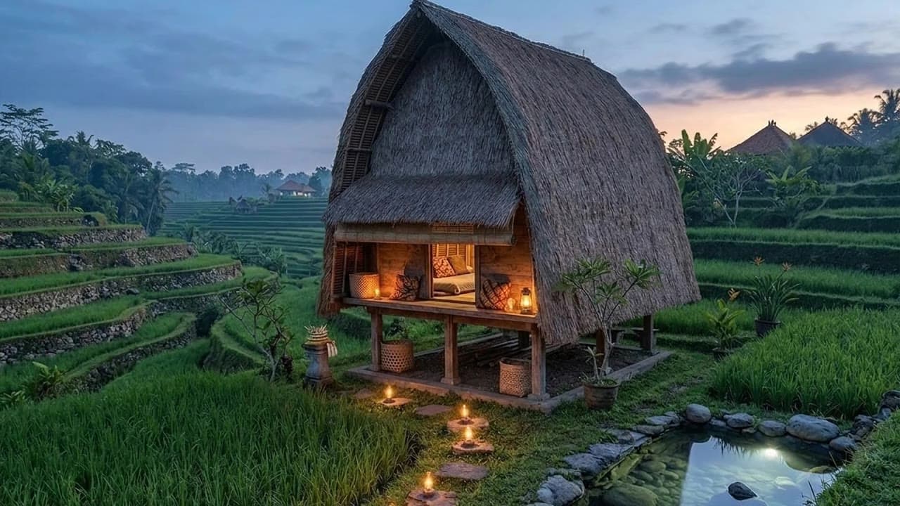 Rain falling from a thatched roof beside a lamp-lit bale at night